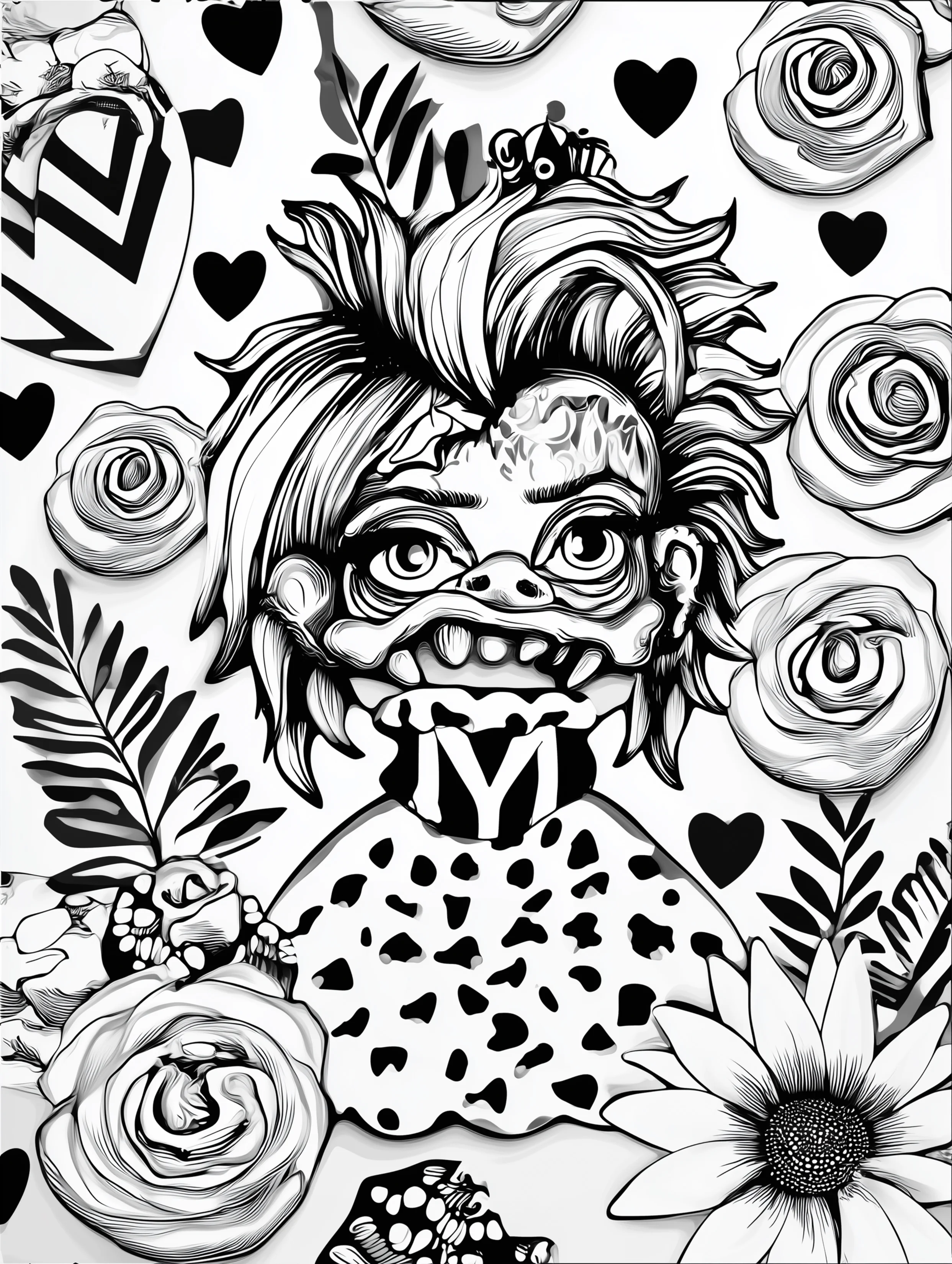 Free printable alien coloring page for adults featuring a pressed mouth alien with fangs